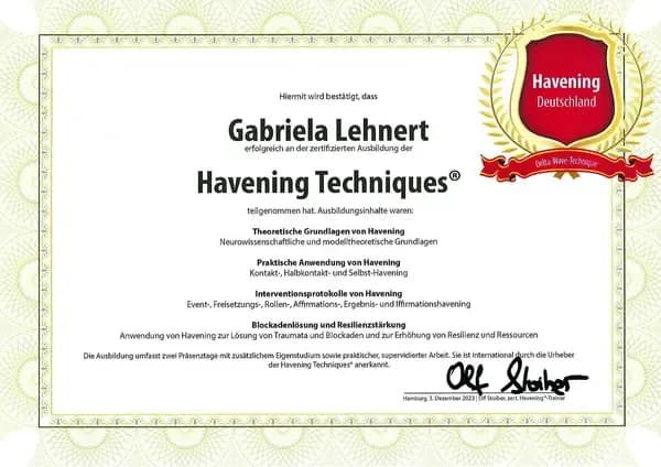 Zertifikat Gabriela Lehnert Havening Techniques